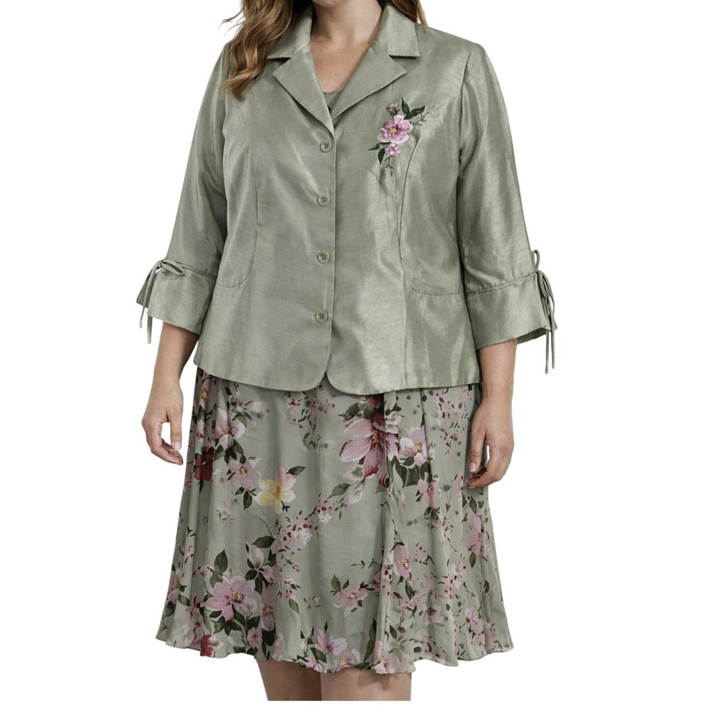 KSL Karin Stevens Womens 2 Pc Floral Skirt Suit Set 20W Sage Green Embroidered